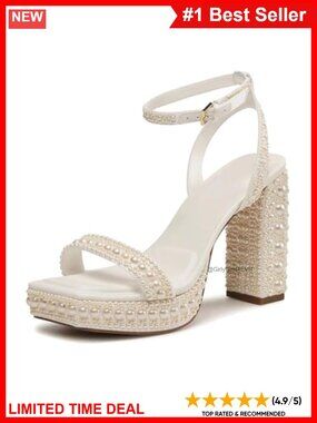 Open Toe Pearl Platform Block Heel Ankle Strap Wedding Sandals